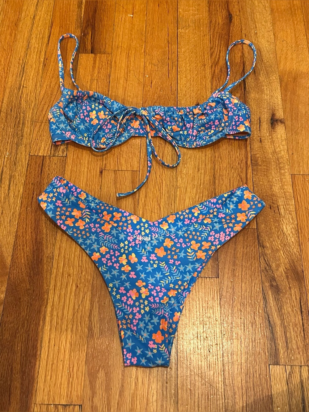 Kulani Kinis Blue Floral Print Bikini with Orange & Pink Accents
